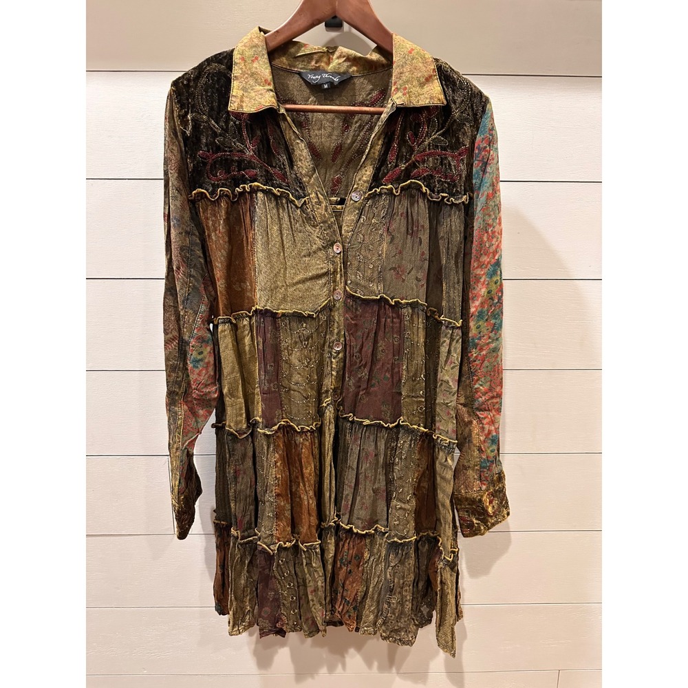 Young Threads Boho Patchwork Velvet Embroidered Tiered Tunic Top Brown Medium